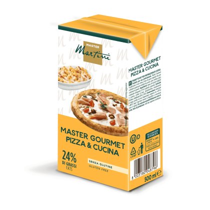 Κίτρινη συσκευασία 500ml Master Martini Master Gourmet Pizza & Cucina, χωρίς γλουτένη, 24% λιπαρά, για πίτσα και γκρατέν