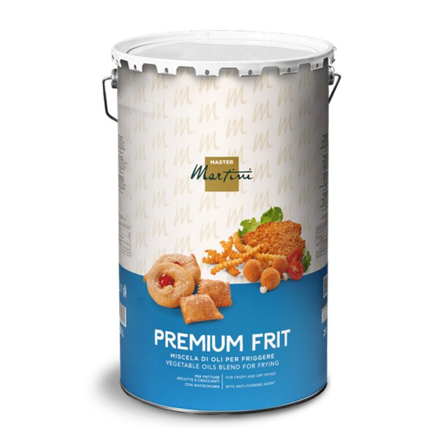 Μεταλλικός κάδος Master Martini Premium Frit, μείγμα φυτικών ελαίων για τηγάνισμα, με εικόνες τηγανητών.