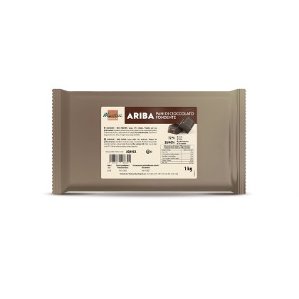 Σακουλάκι 1kg με μπλοκ μαύρης σοκολάτας Martorani Ariba, 72% κακάο, με διατροφική ετικέτα σε μπεζ συσκευασία.