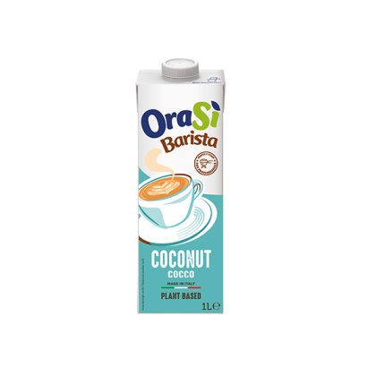 Χάρτινο κουτί 1 λίτρου φυτικού ροφήματος OraSì Barista Coconut, τιρκουάζ συσκευασία με φλιτζάνι latte, made in Italy.