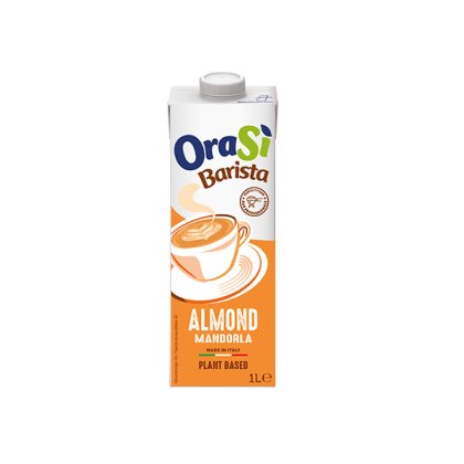 Χάρτινη συσκευασία 1L OraSì Barista Almond, φυτικό ρόφημα, πορτοκαλί συσκευασία με σχέδιο φλιτζανιού, ιταλικό προϊόν.