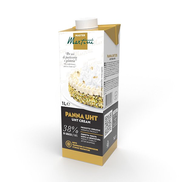 Συσκευασία 1L κρέμα UHT Master Martini 38% λιπαρά, με χρυσές πινελιές και τούρτα στην ετικέτα.