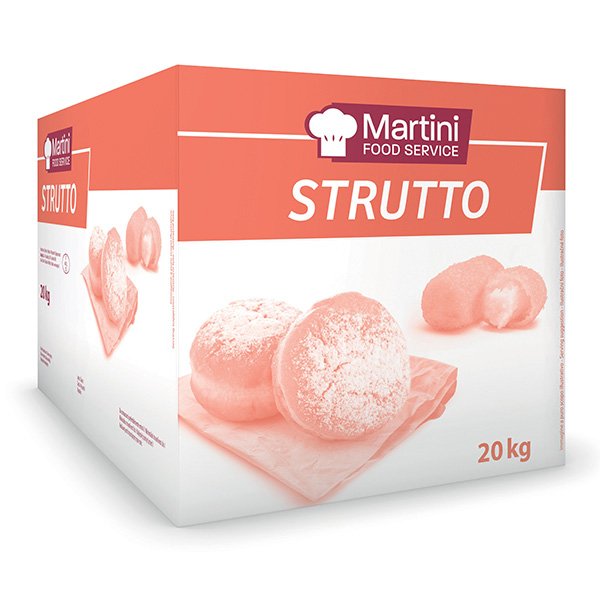 Κουτί 20 κιλών Martini Food Service Strutto με γλυκά με ζάχαρη άχνη πάνω σε ξύλο κοπής.