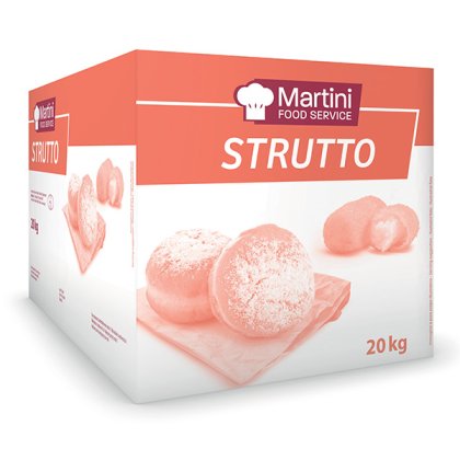 Κουτί 20 κιλών Martini Food Service Strutto με γλυκά με ζάχαρη άχνη πάνω σε ξύλο κοπής.