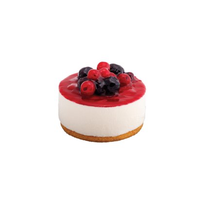 Μίνι cheesecake με βάση παντεσπανιού, λευκή κρέμα, γλάσο κόκκινων φρούτων, μύρτιλα και διακόσμηση