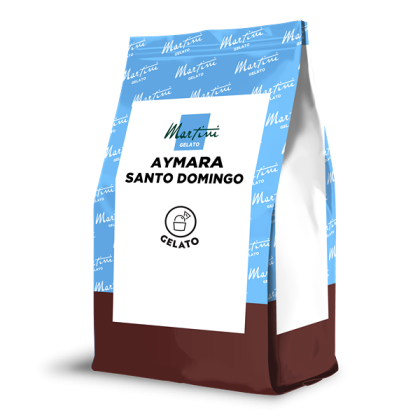 Μπλε-καφέ συσκευασία Martini Gelato Aymara γεύση Santo Domingo με εικονίδιο κουταλιού παγωτού