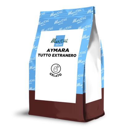 Μπλε-καφέ όρθια σακούλα Martini Gelato Aymara Tutto Extranero με λευκή ετικέτα και εικονίδιο μπάλας παγωτού.