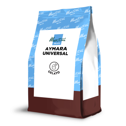 Όρθια σακούλα Martini Gelato Aymara Universal, μπλε σχέδιο στο πάνω μέρος και καφέ κάτω μέρος με λευκή ετικέτα.