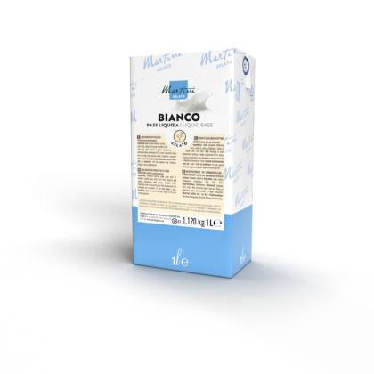 Χάρτινο κουτί 1 λίτρου υγρής βάσης Martini Gelato Bianco, λευκή-μπλε συσκευασία με ετικέτα προϊόντος.