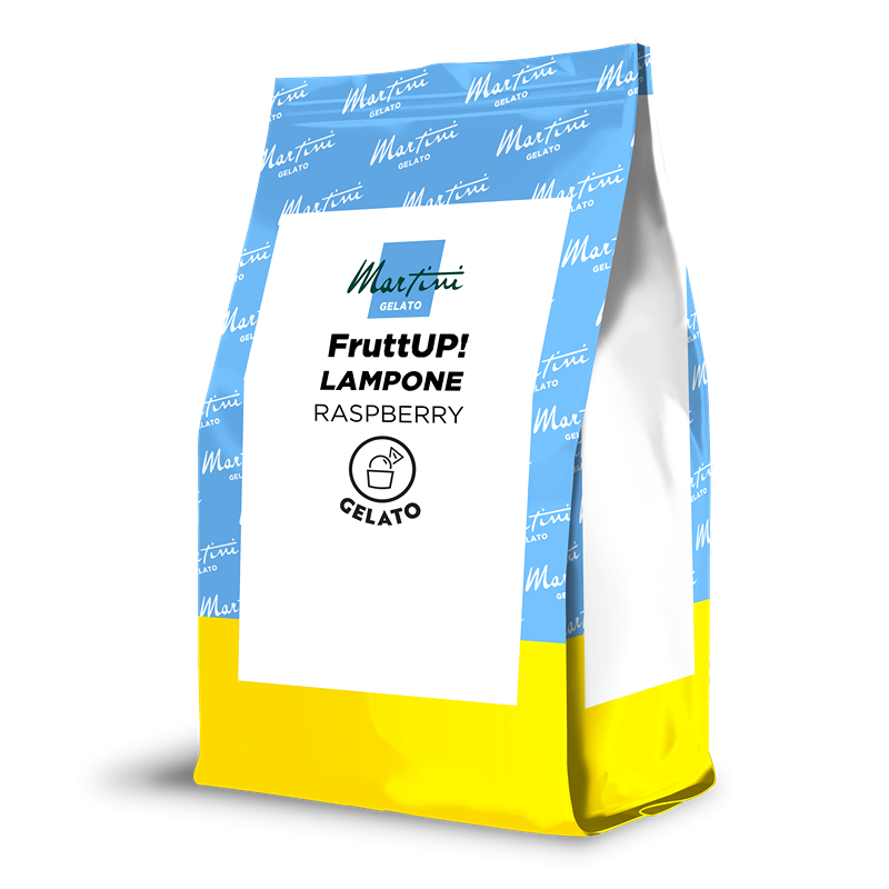 Μπλε-κίτρινη όρθια σακούλα Martini Gelato FruttUP! Lampone, μείγμα παγωτού σμέουρο.