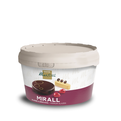 Μπεζ πλαστικό δοχείο γυαλιστερού glaze Master Martini Mirall, με εικόνες σοκολατένιας τούρτας και γλυκού.