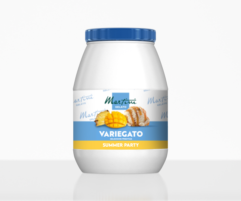 Λευκό πλαστικό δοχείο με μπλε καπάκι "Martini Gelato Variegato Summer Party" με μάνγκο, ανανά και καρύδα.