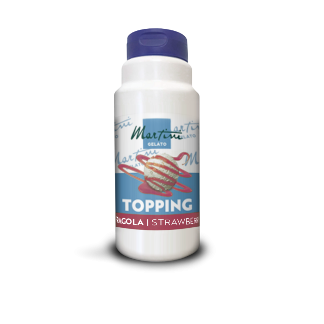 Λευκό πλαστικό μπουκάλι Martini Gelato Topping Φράουλα, μωβ καπάκι, μπλε-κόκκινη ετικέτα.