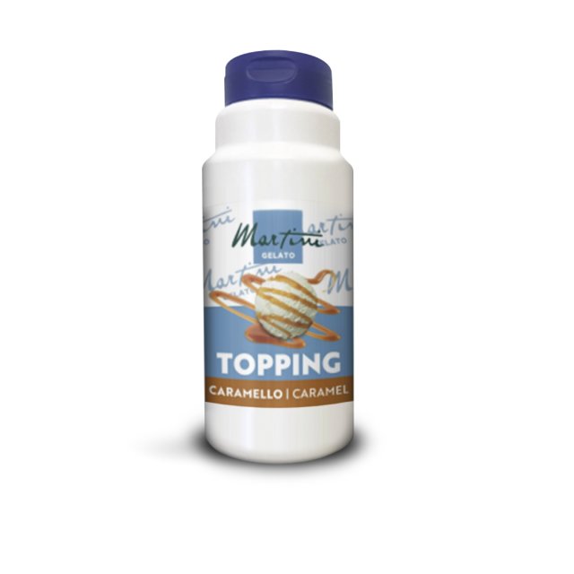 Λευκό πλαστικό μπουκάλι Martini Gelato Caramello με σος καραμέλας και μια μπάλα παγωτού