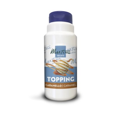Λευκό πλαστικό μπουκάλι Martini Gelato Caramello με σος καραμέλας και μια μπάλα παγωτού