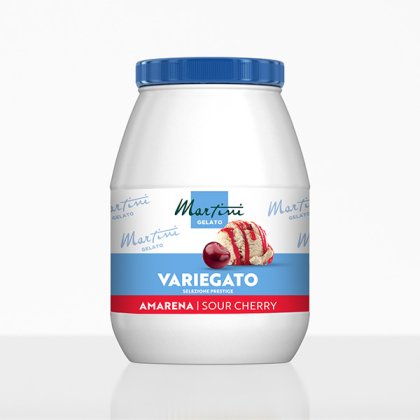 Λευκό πλαστικό δοχείο Martini Gelato Variegato Amarena με μπλε καπάκι και ετικέτα βύσσινου.