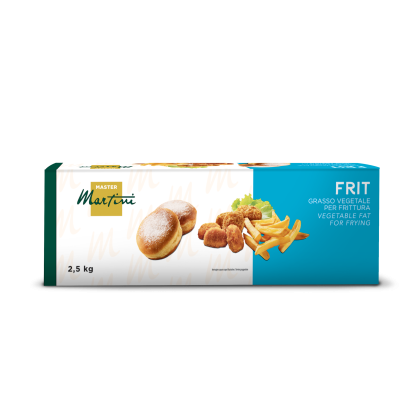 Κουτί φυτικού λίπους τηγανίσματος Master Martini FRIT, 2,5 kg, με ζαχαρωμένα ντόνατς, τηγανητά nuggets και πατάτες.