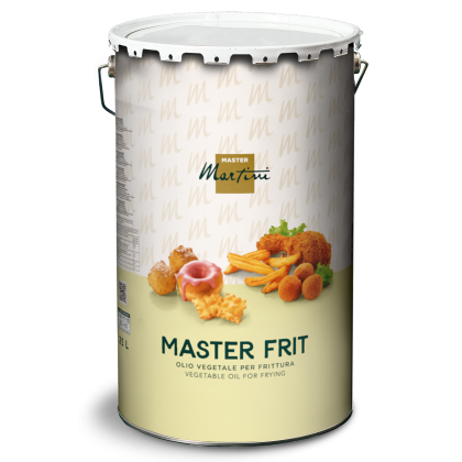 Μεταλλικό δοχείο λαδιού τηγανίσματος Master Martini "Master Frit" με εικόνες τηγανητών σε μπεζ ετικέτα, 25L.