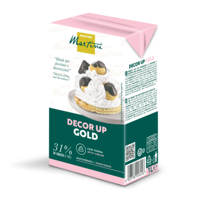 Χαρτοκιβώτιο 1L γλυκιάς σαντιγί Master Martini Decor Up Gold, 31% λιπαρά, με εικόνα σου.