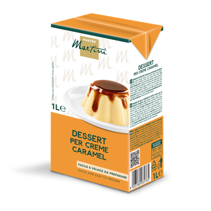 Συσκευασία 1L μείγματος Master Martini για crème caramel, με φλαν καραμέλας σε λευκό πιάτο