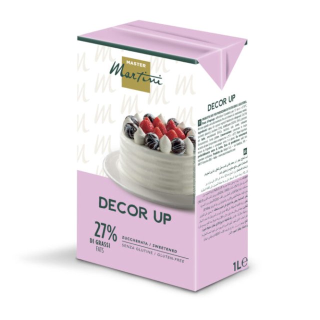 Γλυκιά σαντιγί Master Martini Decor Up, 27% λιπαρά, χωρίς γλουτένη, ροζ συσκευασία 1L με εικόνα τούρτας