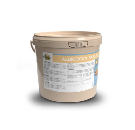 Μπεζ πλαστικός κάδος με ετικέτα "Albicocca Passata" και πληροφορίες προϊόντος.