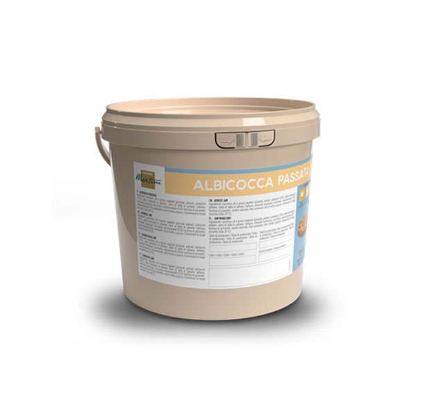 Μπεζ πλαστικός κάδος με ετικέτα "Albicocca Passata" και πληροφορίες προϊόντος.