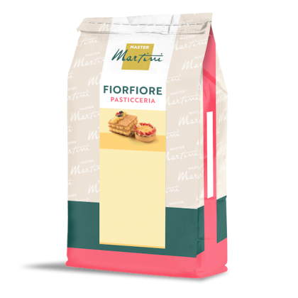 Σακούλα μείγματος ζαχαροπλαστικής Master Martini Fiorfiore Pasticceria με εικόνες φύλλου και τάρτας.