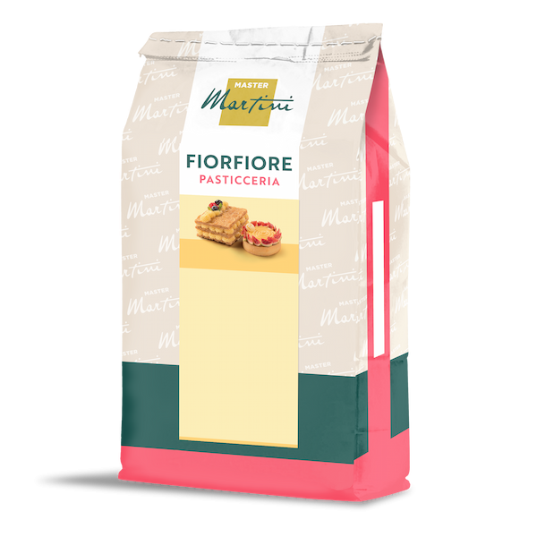 Σακούλα μείγματος ζαχαροπλαστικής Master Martini Fiorfiore Pasticceria με εικόνες φύλλου και τάρτας.