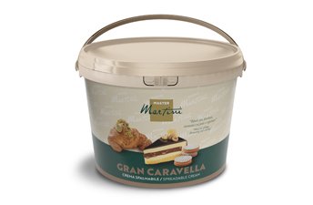 Μπεζ πλαστικός κάδος κρέμας επάλειψης Master Martini Gran Caravella με εικόνα κρουασάν και τούρτας με στρώσεις στην ε...