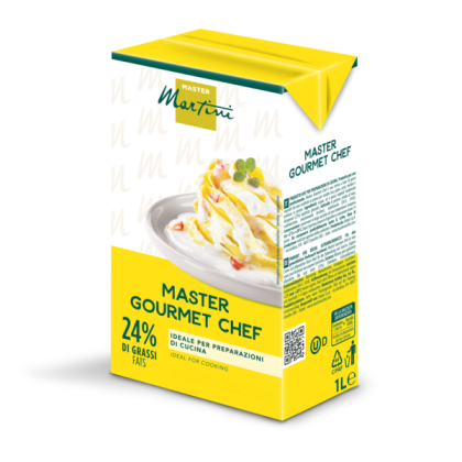 Κίτρινη συσκευασία 1L κρέμας μαγειρικής Master Martini Gourmet Chef, 24% λιπαρά, με εικόνα ζυμαρικών στην ετικέτα.