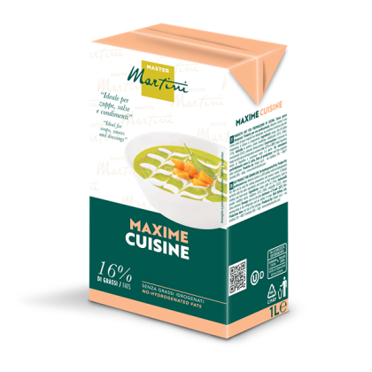 Συσκευασία 1L κρέμας μαγειρικής Master Martini Maxime Cuisine, 16% λιπαρά, με μπολ πράσινης σούπας στην ετικέτα.