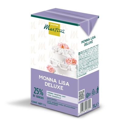 Μωβ κουτί 1L σαντιγί Master Martini Monna Lisa Deluxe, 25% λιπαρά, με πολυόροφη τούρτα