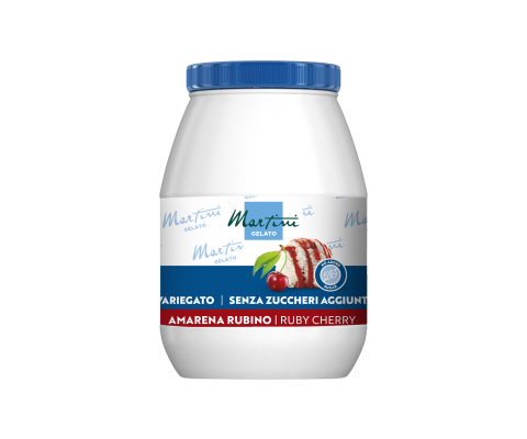Λευκό πλαστικό δοχείο παγωτού Martini Gelato με μπλε καπάκι, με ετικέτα Amarena Rubino Ruby Cherry, χωρίς προσθήκη ζά...