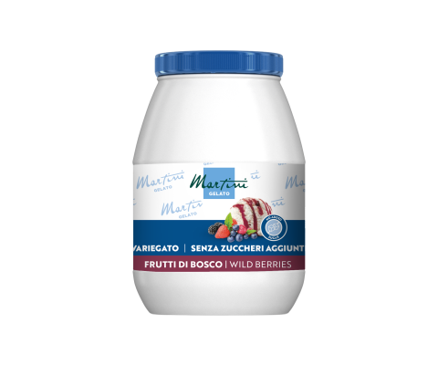 Λευκό δοχείο Martini Gelato με μπλε καπάκι, ετικέτα Άγρια Μούρα, χωρίς προσθήκη ζάχαρης, σε λευκό φόντο.
